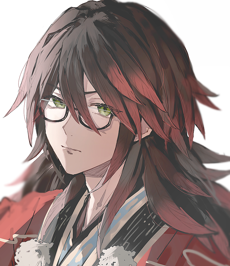 1boy black-framed_eyewear black_hair closed_mouth commentary_request glasses gradient_hair green_eyes hair_between_eyes japanese_clothes kurama_(rune_factory) long_hair looking_at_viewer male_focus multicolored_hair red_hair rune_factory rune_factory:_guardians_of_azuma rurui_(jac7860) semi-rimless_eyewear simple_background solo two-tone_hair under-rim_eyewear upper_body white_background