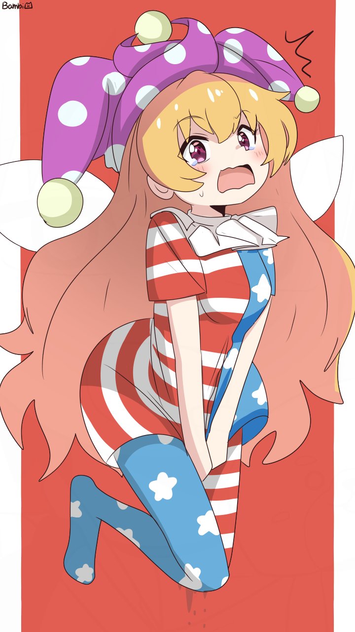 1girl :d ^^^ american_flag american_flag_dress american_flag_legwear american_flag_print artist_name bambi2000line bare_arms blush clownpiece commentary dress dress_tug fairy_wings flag_print full_body hat highres jester_cap long_hair looking_at_viewer neck_ruff no_shoes open_mouth orange_hair pantyhose polka_dot_headwear purple_hat red_background red_eyes short_sleeves simple_background smile solo star_(symbol) star_print striped_clothes striped_dress striped_pantyhose tearing_up touhou v_arms very_long_hair wavy_mouth wings