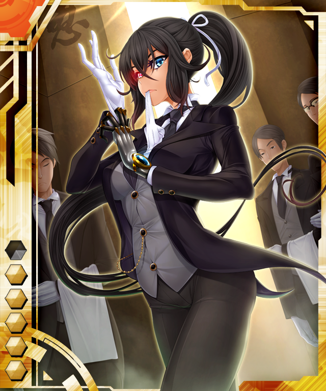 00s 1girl black_hair blue_eyes butler card_(medium) card_(orange-ur) card_(ur) fuuma_amane lilith-soft ponytail shindol taimanin_(series) taimanin_asagi taimanin_asagi_battle_arena_all_card_gallery taimanin_asagi_kessen_arena