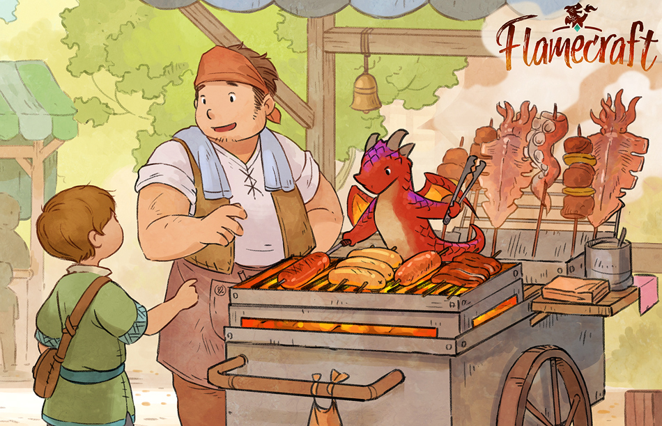 2boys apron aqua_trim bandana bell brown_apron brown_bag brown_hair brown_pants brown_vest child commentary cooking copyright_name day dragon english_commentary food green_shirt grill grilling holding holding_skewer holding_tongs horns ikayaki meat mini_wings multiple_boys multiple_horns octopus_(food) orange_bandana original outdoors pants pointing red_scales sandara sausage shirt shish_kebab short_hair skewer slice_of_life small_dragon standing tail tongs towel towel_around_neck tree vending_cart vest white_shirt wings