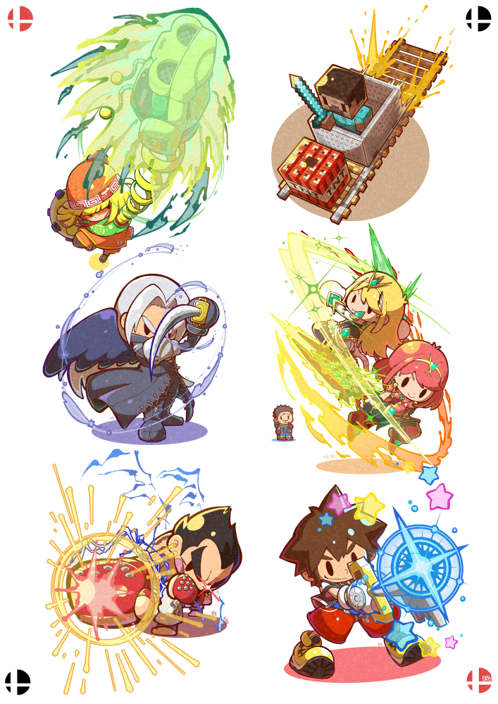 ._. 04sora40 3girls 5boys :&gt; aqua_shirt arms_(game) barefoot black_boots black_hair blonde_hair boots boxing_gloves brown_hair chibi closed_mouth dark-skinned_male dark_skin explosive final_fantasy final_fantasy_vii fire gloves grey_hair hat holding holding_sword holding_weapon keyblade kingdom_hearts long_hair min_min_(arms) minecart minecraft minecraft_sword mishima_kazuya multiple_boys multiple_girls mythra_(xenoblade) nintendo open_mouth orange_hat orange_mask pants punching pyra_(xenoblade) red_hair red_pants rex_(xenoblade) sephiroth shirt shoes short_hair simple_background single_wing smile sora_(kingdom_hearts) sparkle spiked_hair star_(symbol) steve_(minecraft) super_smash_bros. sword tekken thick_eyebrows tnt tnt_block_(minecraft) topless_male v-shaped_eyebrows weapon white_background white_gloves white_pants wings xenoblade_chronicles_(series) xenoblade_chronicles_2 yellow_shoes