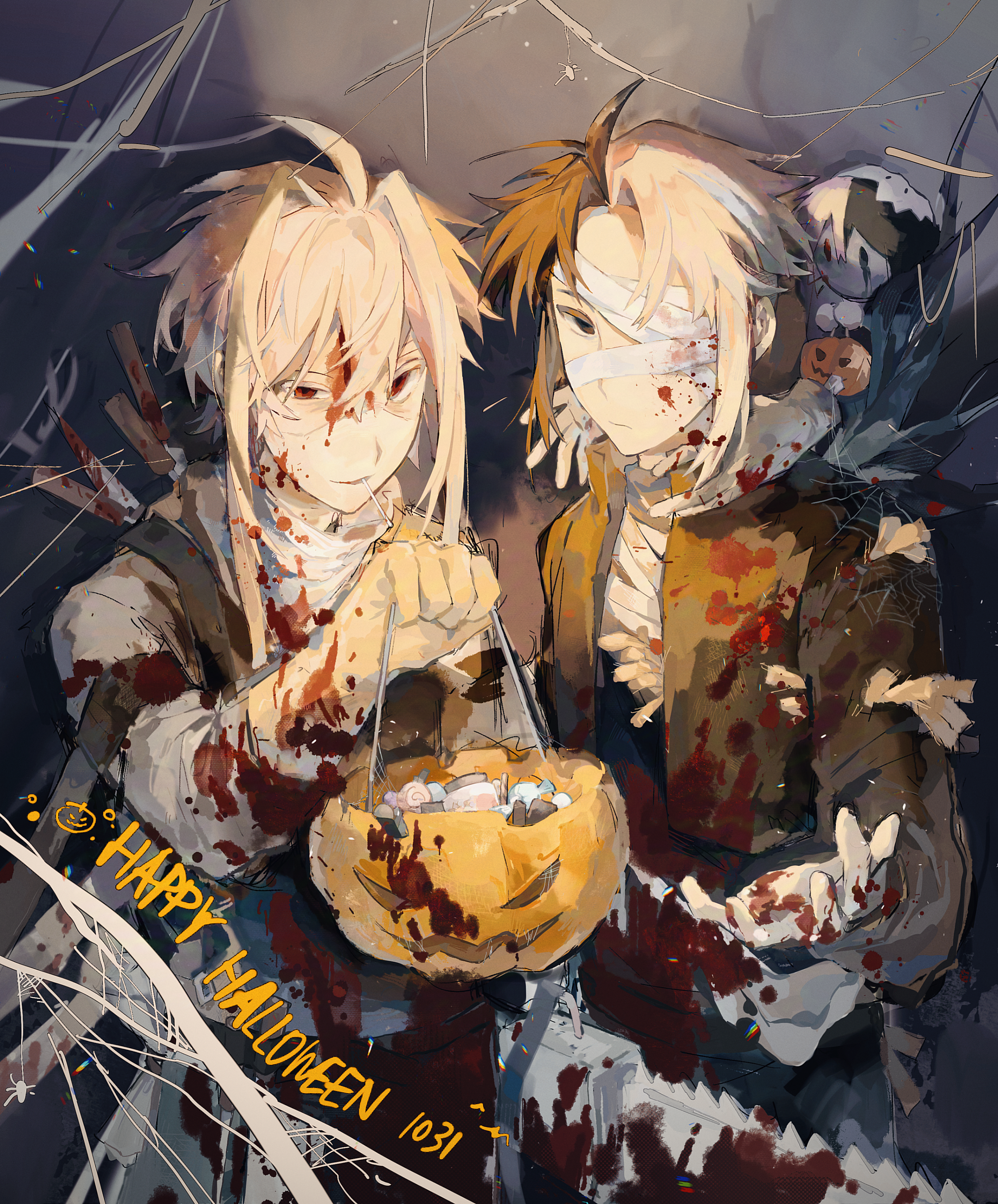 2boys absurdres ahoge bandage_over_one_eye bandaged_chest bandages black_eyes black_hair black_jacket blonde_hair blood blood_on_clothes blood_on_face blood_on_gloves bloody_bandages bucket closed_mouth curtained_hair dated english_text gloves hair_intakes halloween_bucket happy_halloween highres holding holding_bucket jacket lei_renqun_xing_shanyao_shi male_focus multicolored_hair multiple_boys mutsushika_misumi nijou_ryuu open_clothes open_jacket parted_bangs red_eyes saibou_shinkyoku shirt short_hair short_hair_with_long_locks split-color_hair two-tone_hair white_shirt yellow_gloves