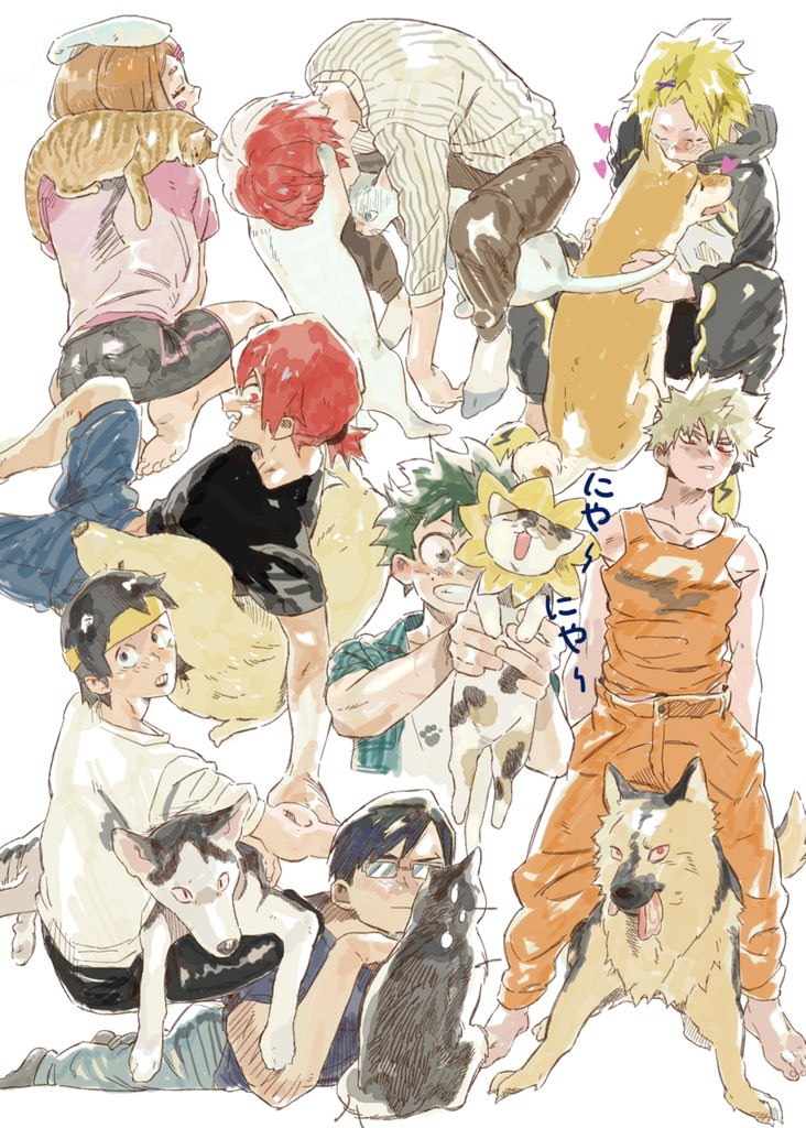 1girl 6+boys ass bakugou_katsuki barefoot black_hair blush boku_no_hero_academia brown_hair cat closed_eyes dimples dog freckles glasses green_eyes green_hair headband hood hood_down hooded_jacket iida_tenya jacket kaminari_denki kirishima_eijirou lying medium_hair midoriya_izuku multicolored_hair multiple_boys on_stomach pants pectoral_cleavage pectorals ponytail red_eyes red_hair redshu_ktdk sero_hanta sharp_teeth shirt short_shorts shorts sleeping socks tank_top teeth todoroki_shouto toned toned_male tongue tongue_out uraraka_ochako white_background white_hair