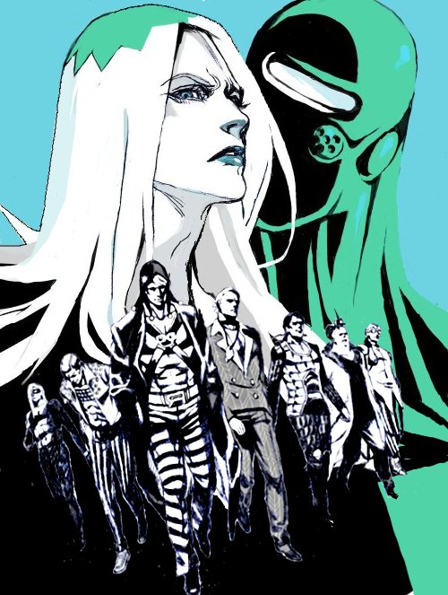 1other 6+boys aqua_background blurry blurry_background formaggio ghiaccio illuso jacket jojo_no_kimyou_na_bouken leone_abbacchio long_hair melone moody_blues_(stand) multiple_boys nobita_(makoto7060355) open_clothes open_jacket pants partially_colored pesci prosciutto risotto_nero spiked_pants stand_(jojo) striped_clothes striped_pants tuxedo vento_aureo walking