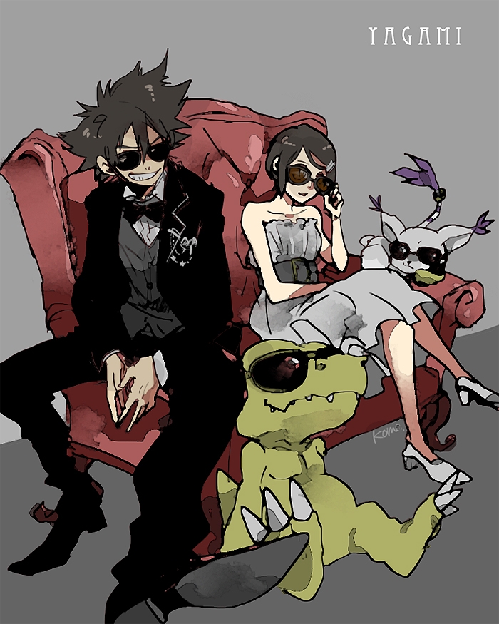 agumon black_bow bow brother_and_sister brown_hair couch digimon digimon_adventure_tri. dress formal_clothes grey_background grey_dress komarou_(4km_ro) on_floor siblings simple_background sitting sunglasses tailmon yagami_hikari yagami_taichi