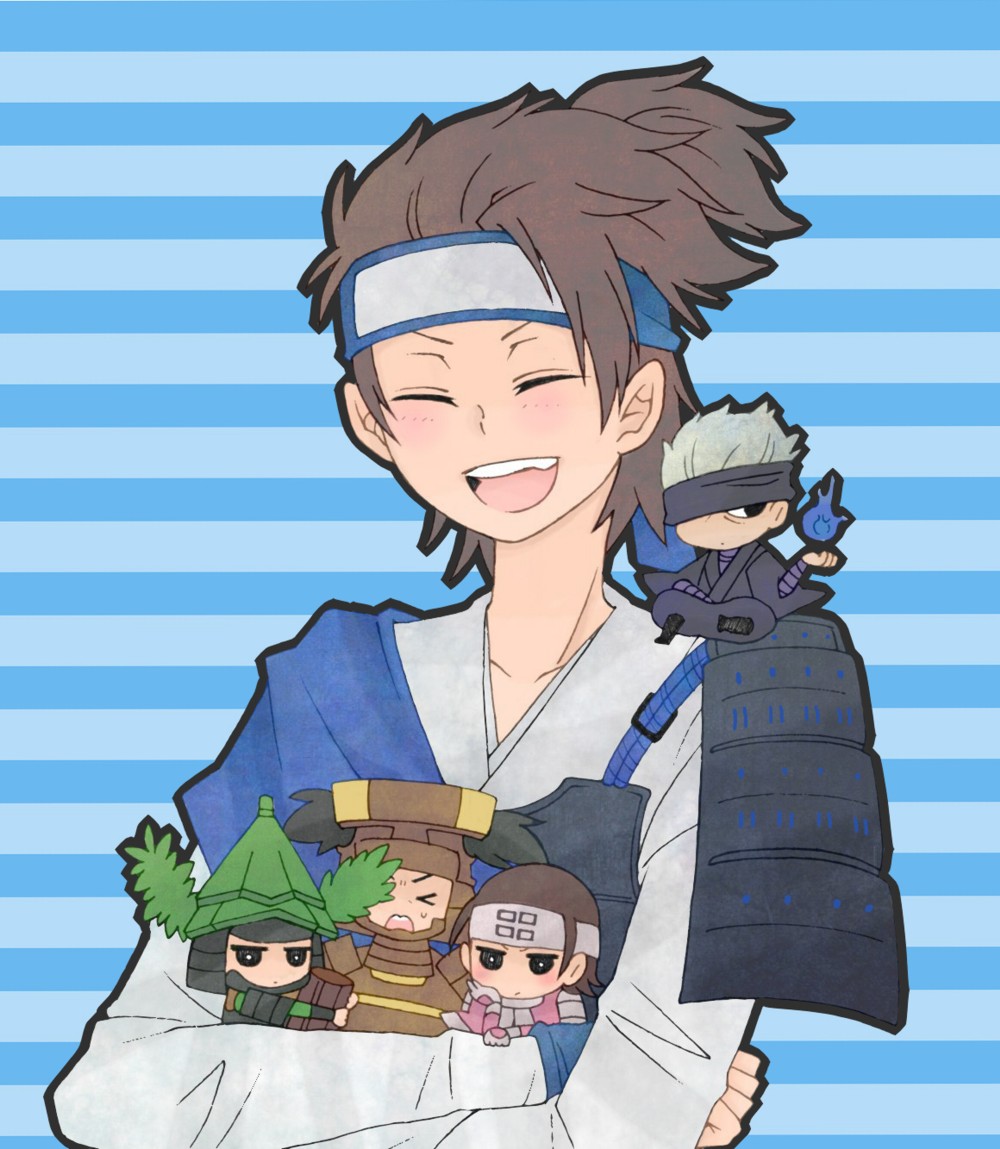 &gt;_&lt; 5boys :d amago_haruhisa_(sengoku_basara) anegakoji_yoritsuna_(sengoku_basara) blue_background blue_headband brown_hair chibi chibi_on_shoulder chun_(76pero) eyepatch forehead_protector headband holding_chibi light_blush looking_ahead looking_to_the_side male_focus multiple_boys nanbu_harumasa_(sengoku_basara) open_mouth satake_yoshishige_(sengoku_basara) sengoku_basara short_hair simple_background smile striped_background sweatdrop topknot utsunomiya_hirotsuna_(sengoku_basara)