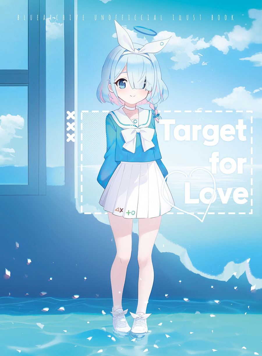 1girl arona_(blue_archive) blue_archive blue_eyes blue_hair blue_shirt blue_sky bow choker closed_mouth cloud commentary_request day english_text full_body goyain hair_over_one_eye hair_ribbon hairband halo highres horizon long_sleeves looking_at_viewer ocean pleated_skirt puffy_long_sleeves puffy_sleeves ribbon sailor_collar shirt shoes skirt sky smile solo standing water white_bow white_choker white_hairband white_ribbon white_sailor_collar white_shoes white_skirt window