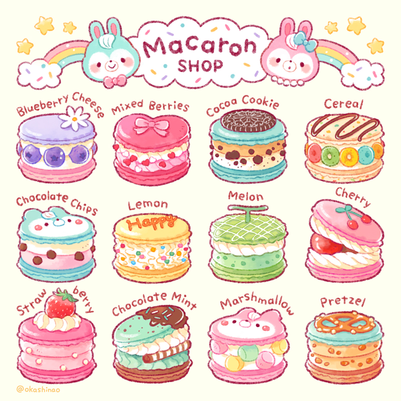 animal-themed_food bad_id bad_twitter_id blue_bow blueberry bow bowtie cereal cherry chocolate_chip chocolate_syrup cloud commentary daisy_(flower) english_text flower food food_focus food_writing fruit hashtag-only_commentary head_only heart heart-shaped_food icing jewelry macaron marshmallow melon necklace no_humans okashi_nao oreo original pearl_necklace pink_bow pink_bowtie pretzel rabbit rainbow simple_background sprinkles star_(symbol) strawberry traditional_bowtie whipped_cream white_background white_flower