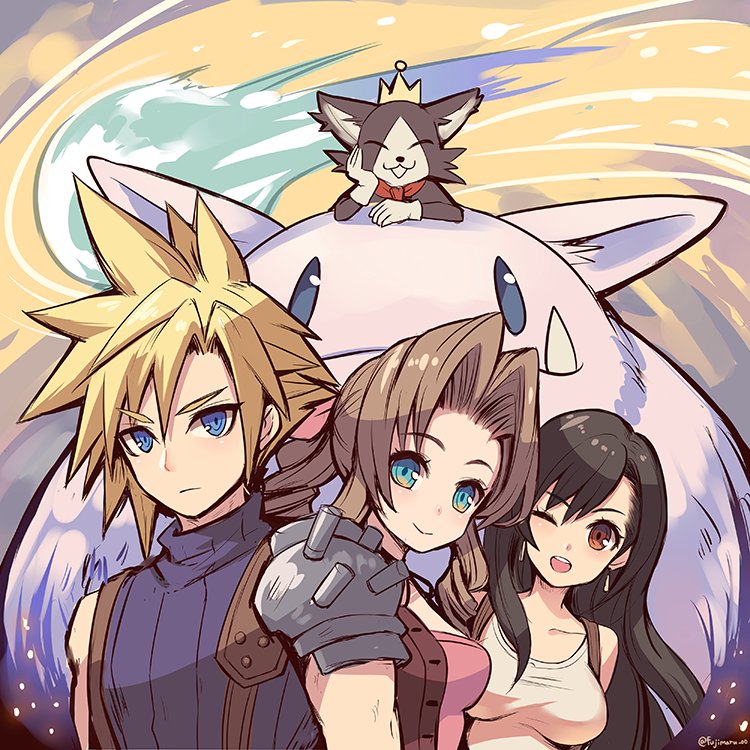 1boy 2girls aerith_gainsborough armor asymmetrical_bangs black_hair blonde_hair blue_eyes blue_shirt braid breasts brown_eyes cait_sith_(final_fantasy) cape cat cloud_strife collarbone crown curly_hair dress earrings final_fantasy final_fantasy_vii fujimaru_(green_sparrow) gloves green_eyes hair_ribbon jacket jewelry large_breasts long_hair meteor moogle multiple_girls necklace one_eye_closed open_mouth parted_bangs pink_dress pink_ribbon red_cape red_jacket ribbon shirt shoulder_armor sidelocks sleeveless sleeveless_turtleneck spiked_hair square_enix suspenders teeth tifa_lockhart turtleneck upper_teeth_only white_gloves white_shirt wink