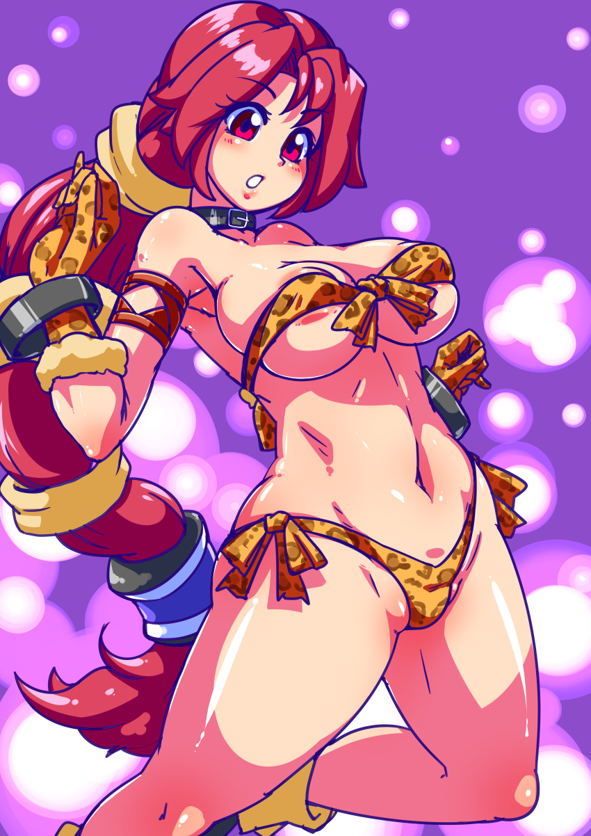 1girl animal_ears areola_slip bikini breasts cat_ears cat_girl dark_chronicle dark_cloud dark_cloud_2 happy highres large_breasts long_hair looking_at_viewer monica monica_(dark_chronicle) pink_hair princess red_hair ryoi solo swimsuit tagme very_long_hair