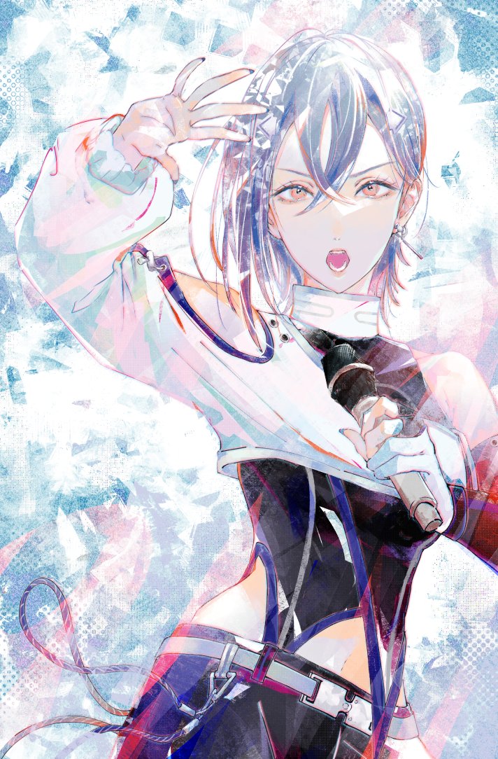 1girl arm_up bare_shoulders belt black_pants black_shirt breasts clothing_cutout commentary_request cosplay crossed_bangs deepness_(love_live!) grey_hair hair_between_eyes holding holding_microphone link!_like!_love_live! long_sleeves love_live! love_live!_superstar!! medium_breasts microphone navel open_mouth orange_eyes pants puffy_long_sleeves puffy_sleeves shirt short_hair shoulder_cutout shrug_(clothing) single_sleeve solo teeth upper_body v-shaped_eyebrows virtual_youtuber wakana_shiki white_belt white_shrug yoruneko_yashiro yugiri_tsuzuri yugiri_tsuzuri_(cosplay)