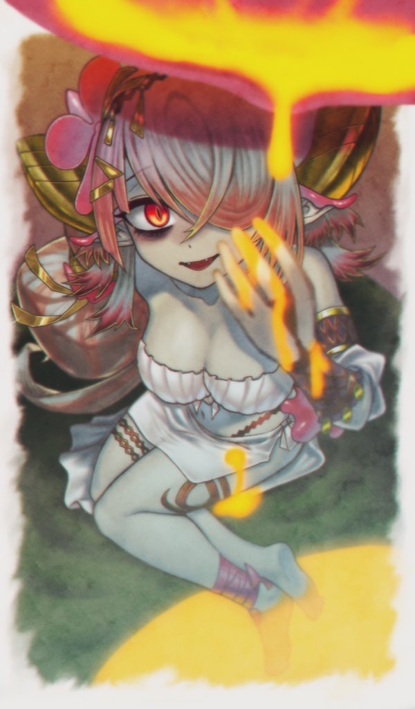 1girl ankle_ribbon armlet bikini breasts cleavage duel_monster evil_smile fang front-tie_top hair_over_one_eye jewelry large_breasts leg_ribbon leg_tattoo looking_at_viewer looking_up midriff monster_girl navel nectar open_mouth pink_hair plant plant_girl pointy_ears red_eyes ribbon side-tie_bikini_bottom smile solo swimsuit tattoo thighlet thighs traptrix_pinguicula yu-gi-oh! zidai_okuraven