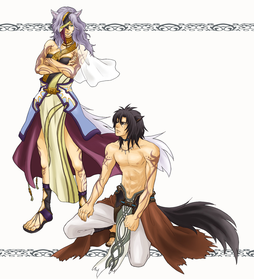 1boy 1girl animal_ears bad_id bad_pixiv_id black_eyes black_hair blue_eyes breasts cleavage crossed_arms eyepatch fire_emblem fire_emblem:_radiant_dawn long_hair looking_at_another looking_down looking_up mokoko_(m753) nailah_(fire_emblem) nintendo pants silver_hair smile tail tattoo topless_female topless_male volug_(fire_emblem) wolf_ears wolf_tail