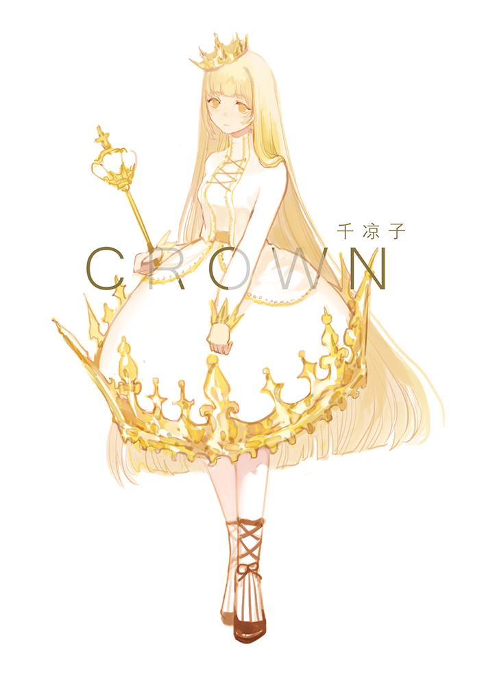 1girl blonde_hair crown dress holding long_hair long_sleeves original pantyhose personification scepter senryoko simple_background standing very_long_hair white_dress white_pantyhose yellow_eyes