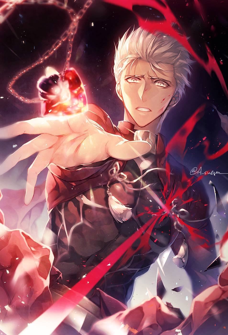 1boy archer_(fate) armor bad_id bad_pixiv_id blood blood_on_face collar dark-skinned_male dark_background dark_skin facing_viewer fate/stay_night fate_(series) gem grey_hair h_sueun highres injury jacket jewelry long_sleeves male_focus open_mouth pendant red_gemstone sim solo spoilers teeth unlimited_blade_works_(reality_marble) upper_body white_hair