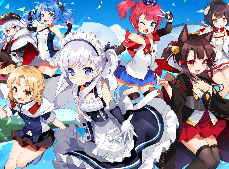 6+girls :d :t aged_down akagi-chan_(azur_lane) animal_ears anniversary apron arm_up azur_lane bare_shoulders belfast_(azur_lane) bell black_gloves black_headwear black_skirt black_thighhighs blonde_hair blue_eyes blue_hair blue_legwear blue_shirt blue_skirt blue_sky bow bowtie braid brown_legwear cape clevelad_(azur_lane) cloud collarbone commentary_request criss-cross_halter day detached_collar dress elbow_gloves extra_ears fingerless_gloves fox_ears fur_trim gloves gradient_hair hair_bow hair_ornament hair_ribbon hairclip halterneck hands_up haori hat hiei-chan_(azur_lane) holding holding_own_hair horns japanese_clothes jingle_bell kurot lena_(azur_lane) li&#039;l_sandy_(azur_lane) little_bel_(azur_lane) long_hair long_sleeves looking_at_viewer maid maid_apron maid_headdress miniskirt multicolored_hair multiple_girls navel nontraditional_miko off_shoulder one_side_up open_mouth orange_eyes outdoors pantyhose parted_lips peaked_cap pink_eyes pleated_dress pleated_skirt pout red_eyes red_hair red_skirt ribbon shirt shoes short_hair short_sleeves side_ponytail skirt sky sleeveless sleeveless_shirt smile star_(symbol) star_print tears thighband_pantyhose thighhighs twintails uniform v waist_apron white_cape white_gloves white_hair white_shirt white_skirt wide_sleeves zeppy_(azur_lane) zettai_ryouiki