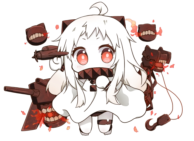 10s 1girl abyssal_ship ahoge aircraft airplane black_panties chibi colored_skin covered_mouth dress female_focus holding horns kantai_collection long_hair looking_at_viewer machinery mittens nipeira northern_ocean_princess panties red_eyes ship_turret simple_background solo underwear white_background white_dress white_hair white_skin