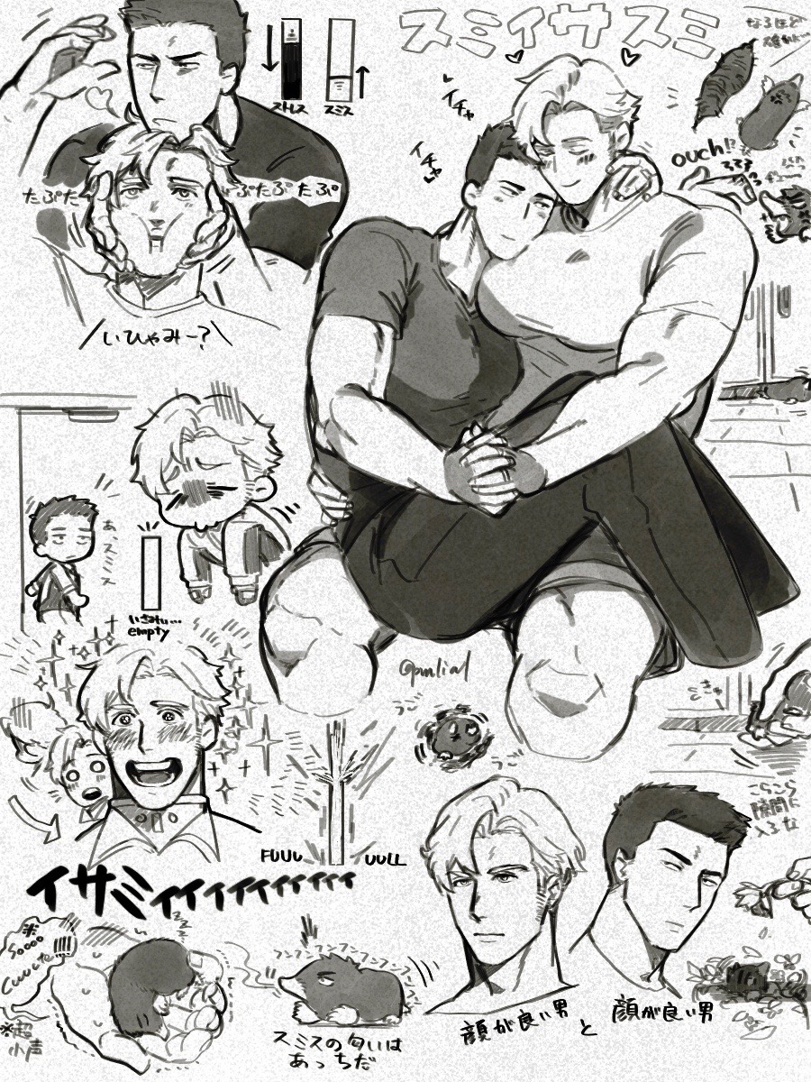 2boys anger_vein angry animalization ao_isami bara battery_indicator bitten black_hair blonde_hair cheek_press chibi chibi_inset collage couple cropped_head cropped_legs multiple_expressions facial_hair greyscale hands_on_another&#039;s_cheeks hands_on_another&#039;s_face happy_aura highres holding_hands interlocked_fingers large_pectorals lewis_smith male_focus mole_(animal) monochrome multiple_boys muscular muscular_male pectoral_pillow pectorals pmlial shirt sideburns_stubble sideways_glance sitting sitting_on_lap sitting_on_person smile stubble thick_eyebrows tight_clothes tight_shirt turn_pale yaoi yuuki_bakuhatsu_bang_bravern