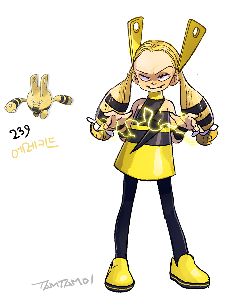 1girl black_pantyhose blonde_hair commentary dress electricity electrokinesis elekid fangs full_body gen_2_pokemon looking_at_viewer nintendo pantyhose personification pokemon pokemon_(creature) reference_inset shoes short_dress signature simple_background tamtamdi translated twintails white_background yellow_dress yellow_shoes