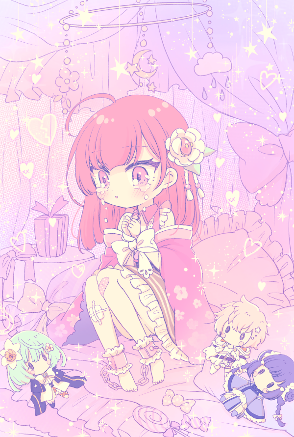 1girl bad_id bad_twitter_id bandaid bandaid_on_leg barefoot box candy chain chained character_doll chibi chiwa_(chiwawanwan1206) chun_meiyui cloud commentary_request crescent_moon crying crying_with_eyes_open cuffs curtains flower food full_body gauze gift gift_box hair_flower hair_ornament hands_up heart indoors japanese_clothes lollipop long_hair long_sleeves magia_record:_mahou_shoujo_madoka_magica_gaiden mahou_shoujo_madoka_magica mobile moon natsume_kako pillow pink_hair shackles shinobu_akira_(madoka_magica) sitting sparkle star_(symbol) tears tokiwa_nanaka water_drop