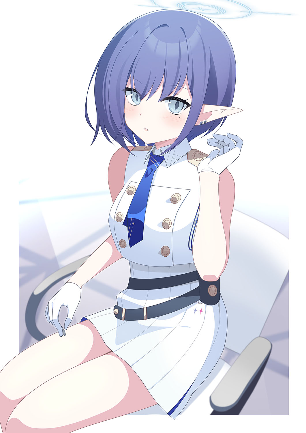 1girl adapted_costume aoi_(blue_archive) bare_shoulders blue_archive blue_eyes blue_hair blue_halo blue_necktie border chair commentary_request earrings eko gloves gradient_background halo hand_up highres jewelry looking_at_viewer mole mole_under_eye necktie office_chair on_chair outside_border pleated_skirt pointy_ears shirt short_hair skirt sleeveless sleeveless_shirt solo swivel_chair white_border white_gloves white_shirt white_skirt