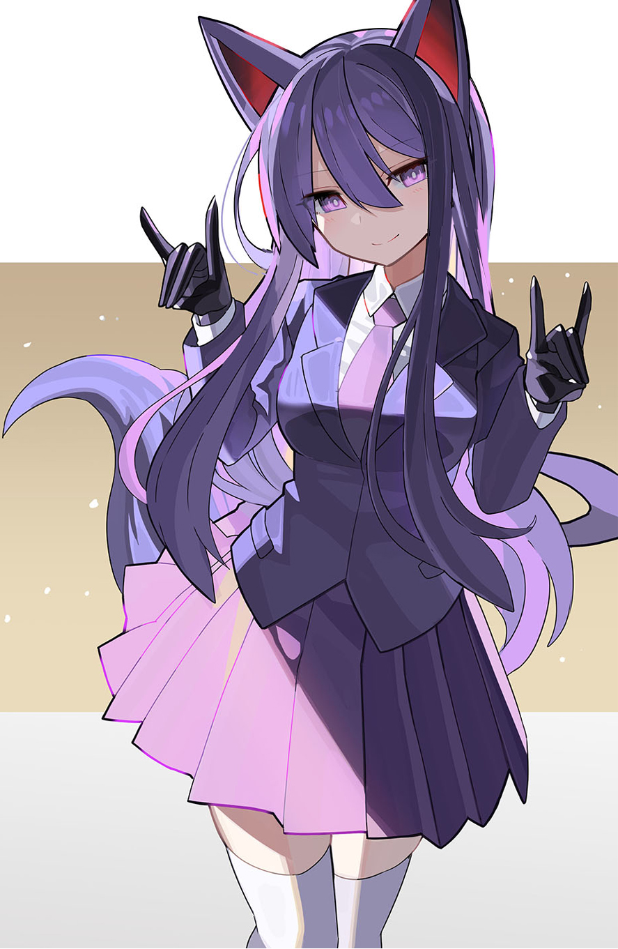 1girl alternate_animal_ears alternate_tail animal_ears black_gloves blazer closed_mouth commentary_request falken_(yutozin) fox_ears fox_girl fox_shadow_puppet fox_tail gloves hair_between_eyes highres jacket long_hair long_sleeves necktie pink_necktie pink_skirt pleated_skirt purple_eyes purple_hair reisen_udongein_inaba revision shirt skirt smile solo tail thighhighs touhou white_shirt white_thighhighs zettai_ryouiki