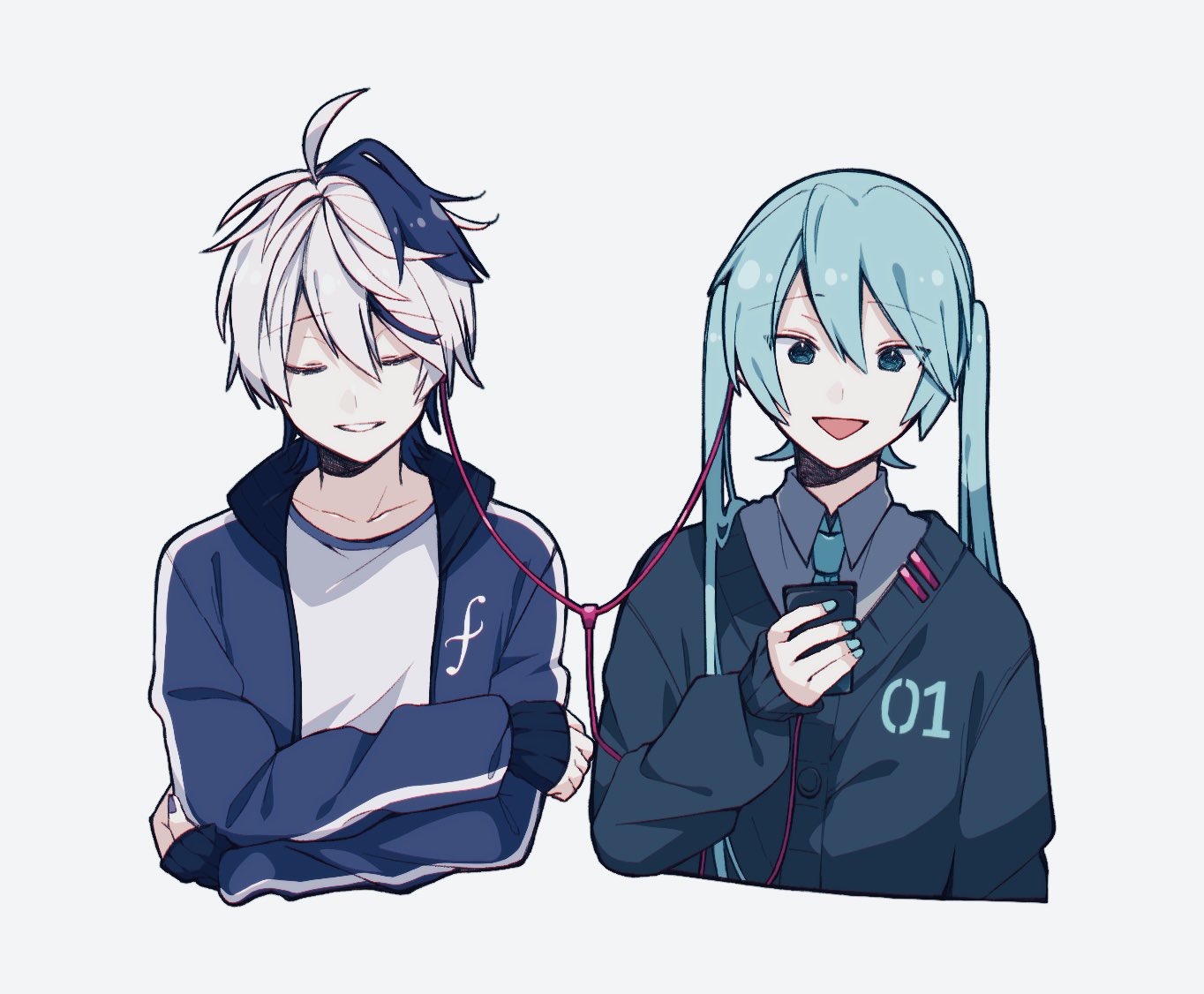 2girls androgynous aqua_shirt black_hair blue_eyes cardigan closed_eyes commentary cropped_torso crossed_arms earphones flower_(vocaloid) flower_(vocaloid4) forte_(symbol) grin hatsune_miku jacket kazuse616 listening_to_music multiple_girls musical_note musical_note_print necktie phone school_uniform shared_earphones shirt smile track_jacket upper_body vocaloid white_hair