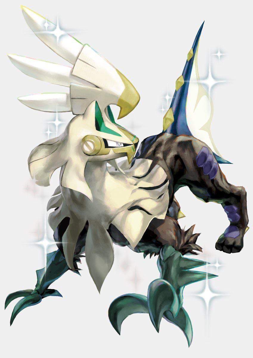 alternate_color animal_focus artist_request bright_pupils colored_lineart commentary english_commentary gen_7_pokemon head highres legendary_pokemon looking_back nintendo no_humans official_art pokemon pokemon_(creature) shiny_pokemon silvally simple_background sparkle standing third-party_source white_background white_pupils yellow_eyes