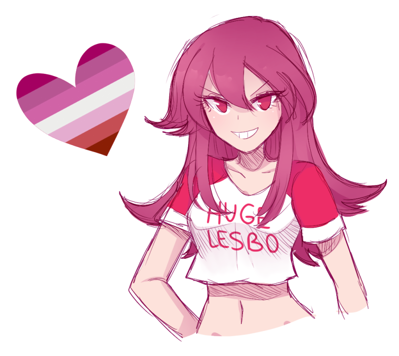 1girl breasts brown_hair closed_mouth clothes_writing collarbone crop_top cropped_torso funamusea gallaxi hair_between_eyes heart lesbian_flag long_hair looking_at_viewer medium_breasts met_(funamusea) navel pink_theme red_eyes red_sleeves shirt simple_background sketch smile solo teeth upper_body white_background white_shirt
