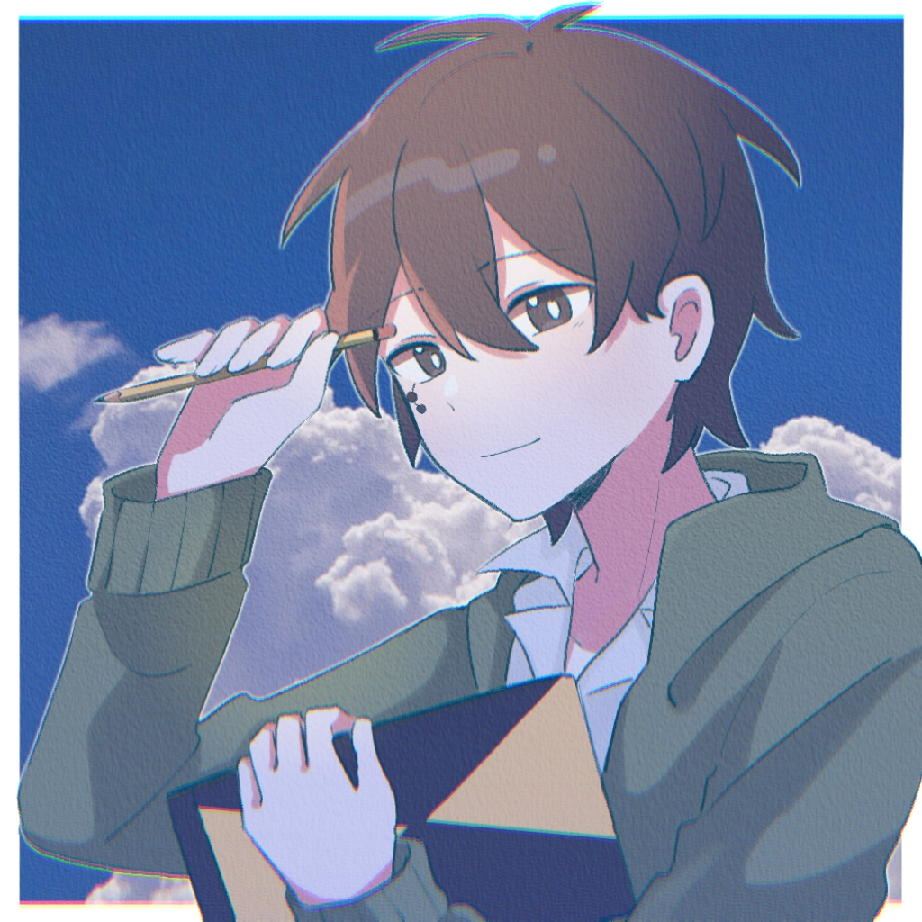 1boy blue_sky border bright_pupils brown_eyes brown_hair chinese_commentary chromatic_aberration closed_mouth cloud collared_shirt commentary dated_commentary day double-parted_bangs facial_mark green_jacket hair_between_eyes hand_up holding holding_sketchbook jacket kagerou_project kokonose_haruka koyon long_bangs long_sleeves looking_at_viewer male_focus mixed-language_commentary open_clothes open_collar open_jacket outdoors shirt short_hair sideways_glance sketchbook sky smile solo upper_body white_border white_pupils white_shirt