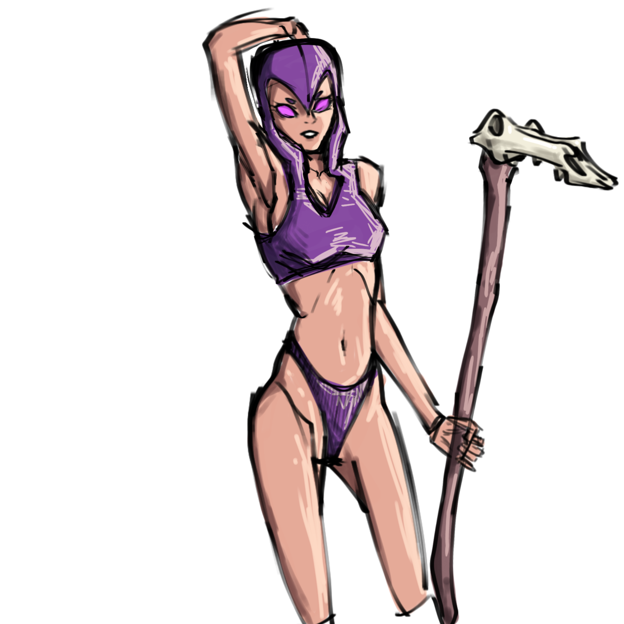 1girl armpits artist_request breasts clash_royale cleavage cloak highres holding holding_staff navel no_pupils panties pink_eyes purple_cloak purple_panties simple_background skinny solo source_request staff standing transparent_background underwear witch witch_(clash_royale)