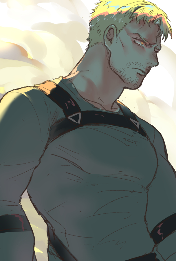 1boy blonde_hair chinese_commentary commentary_request facial_hair frown goatee_stubble large_pectorals male_focus orange_eyes pectorals profile reiner_braun shiba44469 shingeki_no_kyojin solo stubble upper_body
