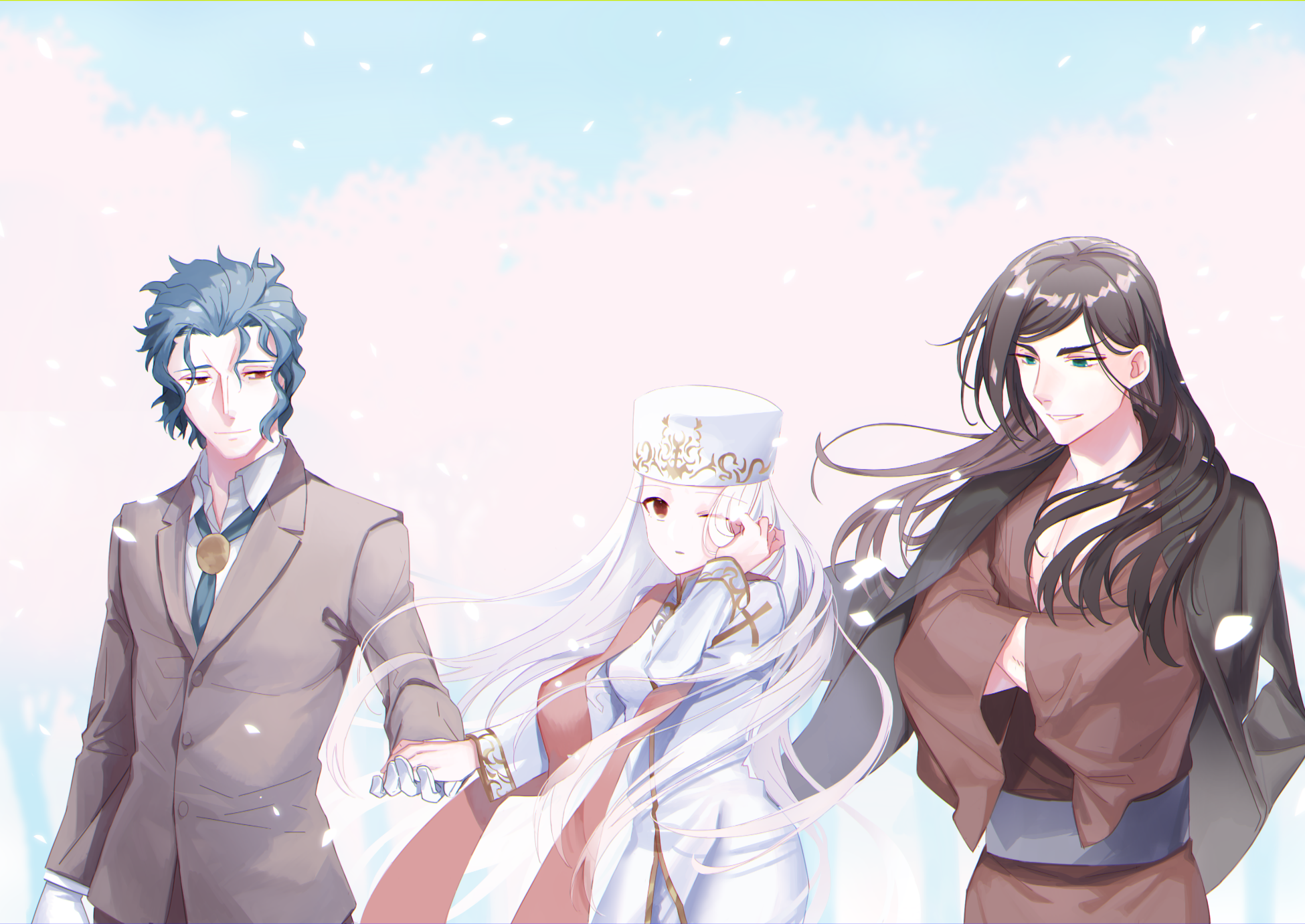 1girl 2boys black_hair blue_eyes blue_hair breasts brown_jacket commentary_request crossed_arms dress fate/grand_order fate/stay_night fate_(series) gloves hands_in_opposite_sleeves haori hat highres jacket japanese_clothes justeaze_lizrich_von_einzbern long_hair makiri_zolgen medium_breasts multiple_boys one_eye_closed petals red_eyes red_sash sash smile tohsaka_nagato white_dress white_gloves white_hair white_hat ycco_(estrella)