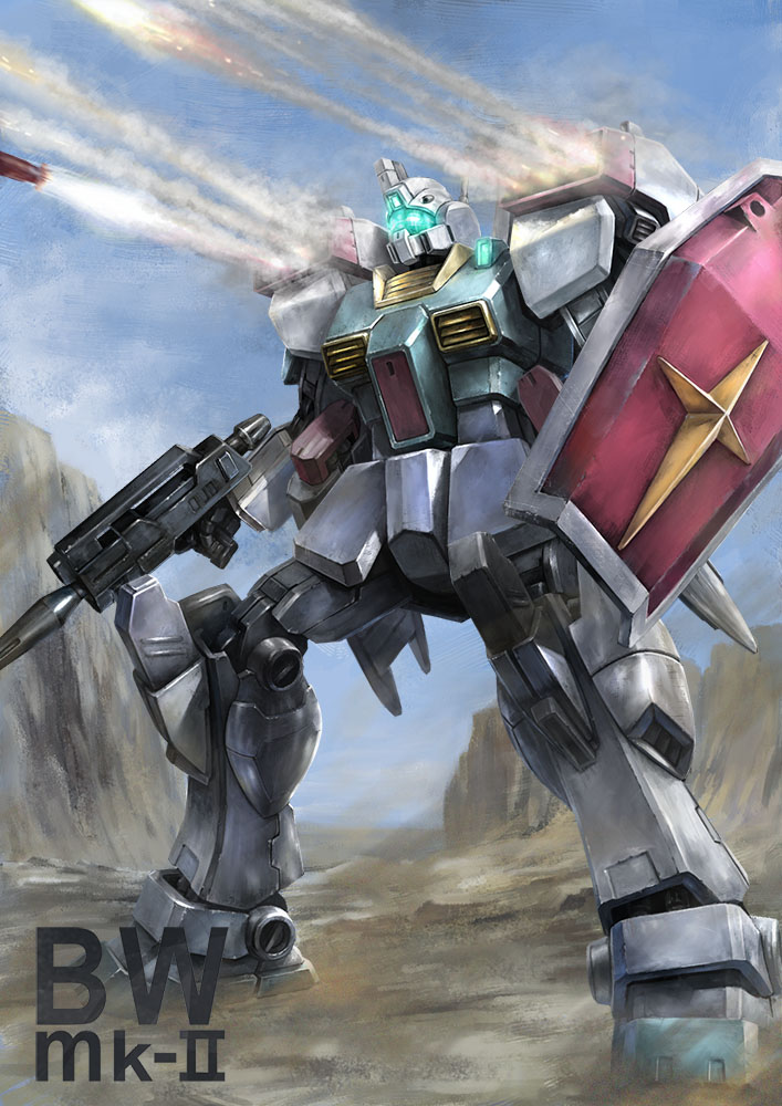 bwmk2 gm_iii gun gundam gundam_zz mecha missile missile_pod no_humans robot shield smoke smoke_trail weapon