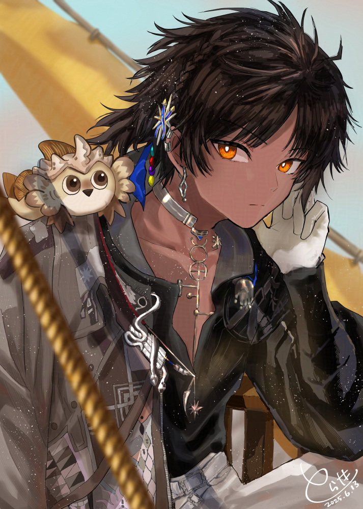 1boy adversarial_noise arknights black_hair black_shirt bright_pupils commentary_request creature dark-skinned_male dark_skin dated earrings gloves jewelry looking_at_viewer male_focus orange_eyes shirt short_hair signature solo thorns_(arknights) thorns_the_lodestar_(arknights) torasaki white_gloves white_pupils