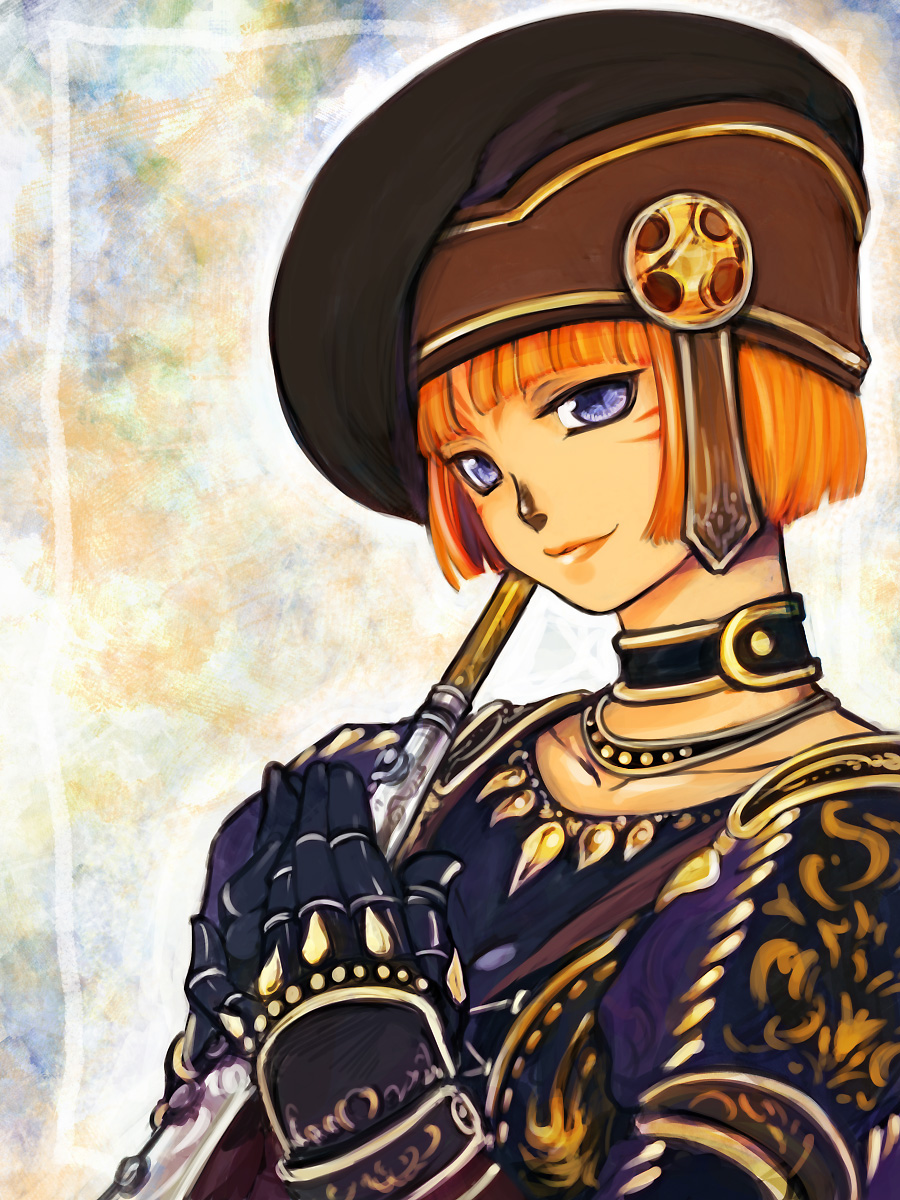 1girl adventurer_(ff11) bard_(final_fantasy) beret black_choker black_gloves black_hat blue_eyes blunt_bangs choker collarbone doraeshi facial_mark final_fantasy final_fantasy_xi flute gloves gold_trim hands_up hat highres holding holding_flute holding_instrument instrument mithra_(ff11) orange_hair orange_lips short_hair smile solo upper_body whisker_markings