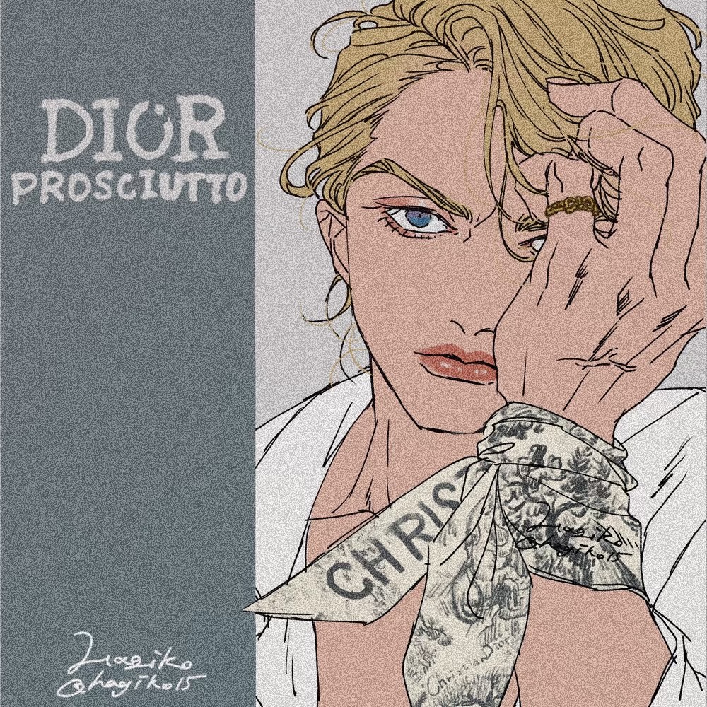 1boy aegyo_sal blonde_hair blue_eyes character_name collarbone covering_one_eye covering_own_eyes eyeshadow film_grain grey_background hagiko15 jewelry jojo_no_kimyou_na_bouken long_sleeves looking_at_viewer makeup male_focus one_eye_covered portrait prosciutto red_eyeshadow red_lips ring shirt short_hair solo twitter_username vento_aureo white_shirt