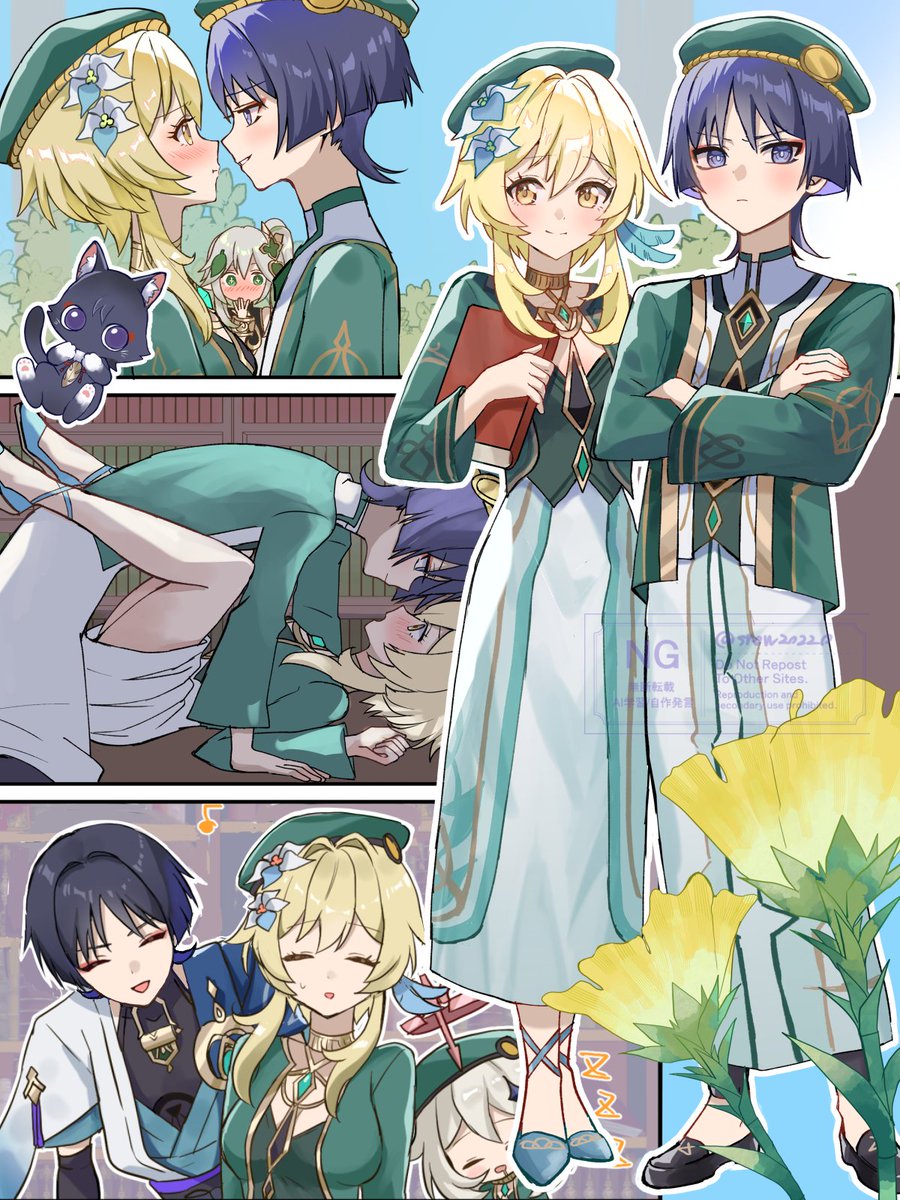 1boy 3girls akademiya_uniform alternate_costume arm_support beret black_bodysuit black_hair black_jacket black_shoes blonde_hair blue_cape blue_feathers blue_flower blue_kimono blue_shoes blue_sky blue_sleeves blush bodysuit book bookshelf boy_on_top bracelet breasts bright_pupils bush cape cheek_bulge chest_jewel clear_sky closed_eyes closed_mouth colored_inner_hair covering_own_mouth cross-shaped_pupils crossed_arms dress drooling eyeliner eyeshadow facing_viewer feather_hair_ornament feathers fingernails flower full-face_blush furisode gem genshin_impact gold gold_choker gold_trim green_eyes green_gemstone green_hat green_jacket green_shirt green_sleeves grey_hair hair_flower hair_intakes hair_ornament half-closed_eyes halo hand_on_own_arm hand_over_own_mouth hands_on_floor hat head_tilt hetero highres holding holding_book jacket japanese_clothes jewelry juban kimono layered_sleeves leaf leaf_hair_ornament library long_skirt long_sleeves looking_at_another looking_at_viewer lumine_(genshin_impact) makeup mechanical_halo medium_breasts mouth_drool multicolored_flower multicolored_hair multiple_girls nahida_(genshin_impact) open_clothes open_jacket open_kimono paimon_(genshin_impact) parted_lips pink_halo purple_eyes purple_hair red_eyeliner red_eyeshadow robe scaramouche_(genshin_impact) school_uniform shirt shoes short_hair short_hair_with_long_locks short_sleeves shoulder_peek side_ponytail sidelocks skirt skirt_hold skirt_tug sky sleeping smile smirk snow20200 split_mouth standing sweatdrop symbol-shaped_pupils tareme tsurime twitter_username undershirt watermark white_dress white_flower white_hair white_kimono white_mouth white_pupils white_robe white_skirt white_sleeves white_trim wispy_bangs yellow_eyes yellow_flower yukadon zzz