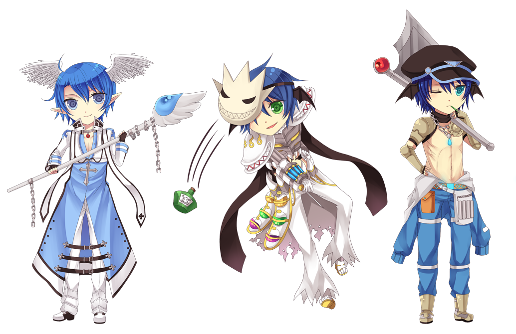 3boys arch_bishop_(ragnarok_online) armor armored_boots axe black_gloves black_hat blue_coat blue_eyes blue_hair blue_jumpsuit boots breastplate cabbie_hat chain chain_necklace choker closed_mouth coat commentary cropped_jacket cross cross_choker cross_necklace cross_of_prontera elbow_gloves english_commentary expressionless fingerless_gloves flask full_body genetic_(ragnarok_online) gloves green_eyes hat holding holding_axe holding_staff jacket jewelry jumpsuit jumpsuit_around_waist long_sleeves looking_afar looking_at_viewer male_focus mask mask_on_head mechanic_(ragnarok_online) multiple_boys necklace one_eye_closed open_mouth pants pauldrons pointy_ears ragnarok_online rinslette round-bottom_flask shoes short_hair shoulder_armor shrug_(clothing) simple_background smile staff vambraces vial white_background white_gloves white_jacket white_pants white_shoes