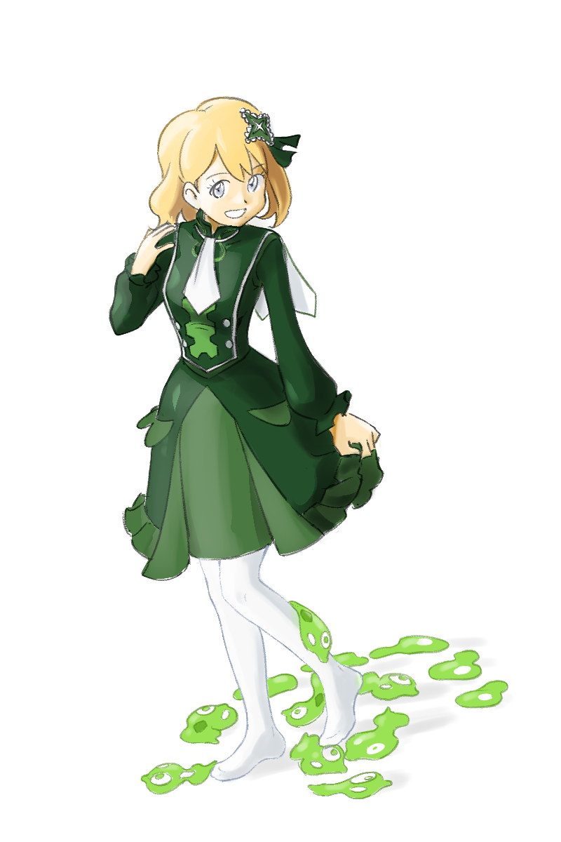 1girl ascot bow brown_hair dress feet gen_6_pokemon green_dress hair_bow highres legendary_pokemon legs looking_at_viewer nintendo official_alternate_costume open_mouth pantyhose pokemon pokemon_(creature) pokemon_masters_ex serena_(pokemon) short_hair simple_background solo u4_99384295 white_pantyhose zygarde zygarde_cell