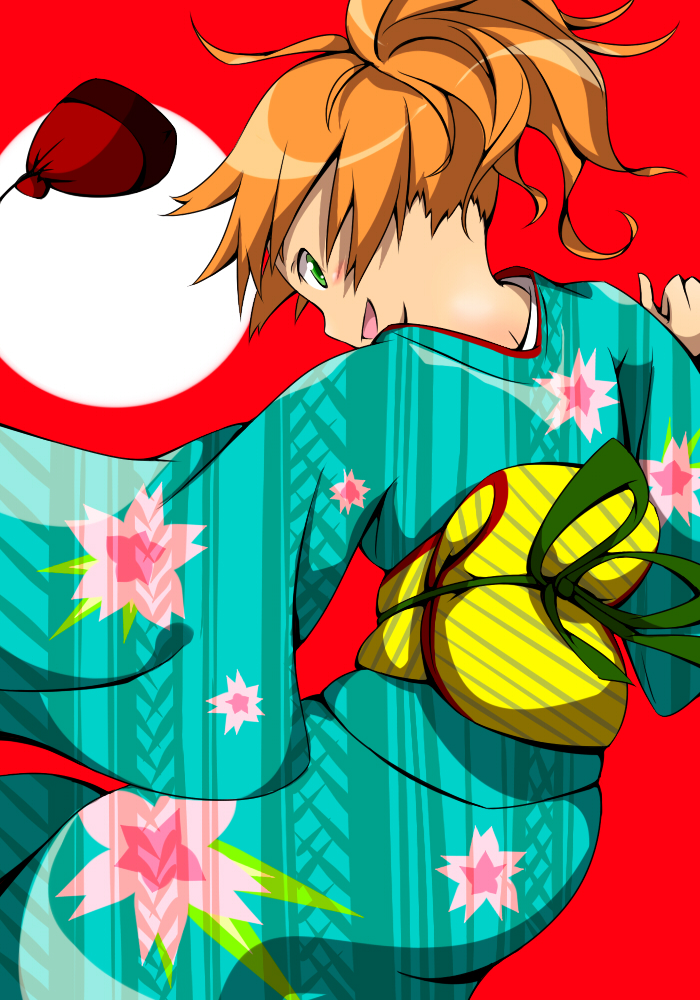 1girl akai_homura female_focus green_eyes high_ponytail japanese_clothes kenji_(8zidayo) kimono looking_back obi orange_hair ponytail red_background sash short_hair smile solo tokimeki_memorial tokimeki_memorial_2 yukata