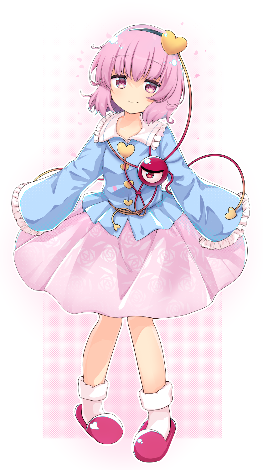 1girl black_hairband blue_shirt buttons closed_mouth collared_shirt eyeball floral_print frilled_shirt_collar frilled_sleeves frills full_body hair_ornament hairband heart heart_button heart_hair_ornament highres komeiji_satori long_sleeves pink_eyes pink_hair pink_skirt rapameri rose_print shirt short_hair skirt sleeves_past_fingers sleeves_past_wrists slippers smile socks solo third_eye touhou white_socks wide_sleeves