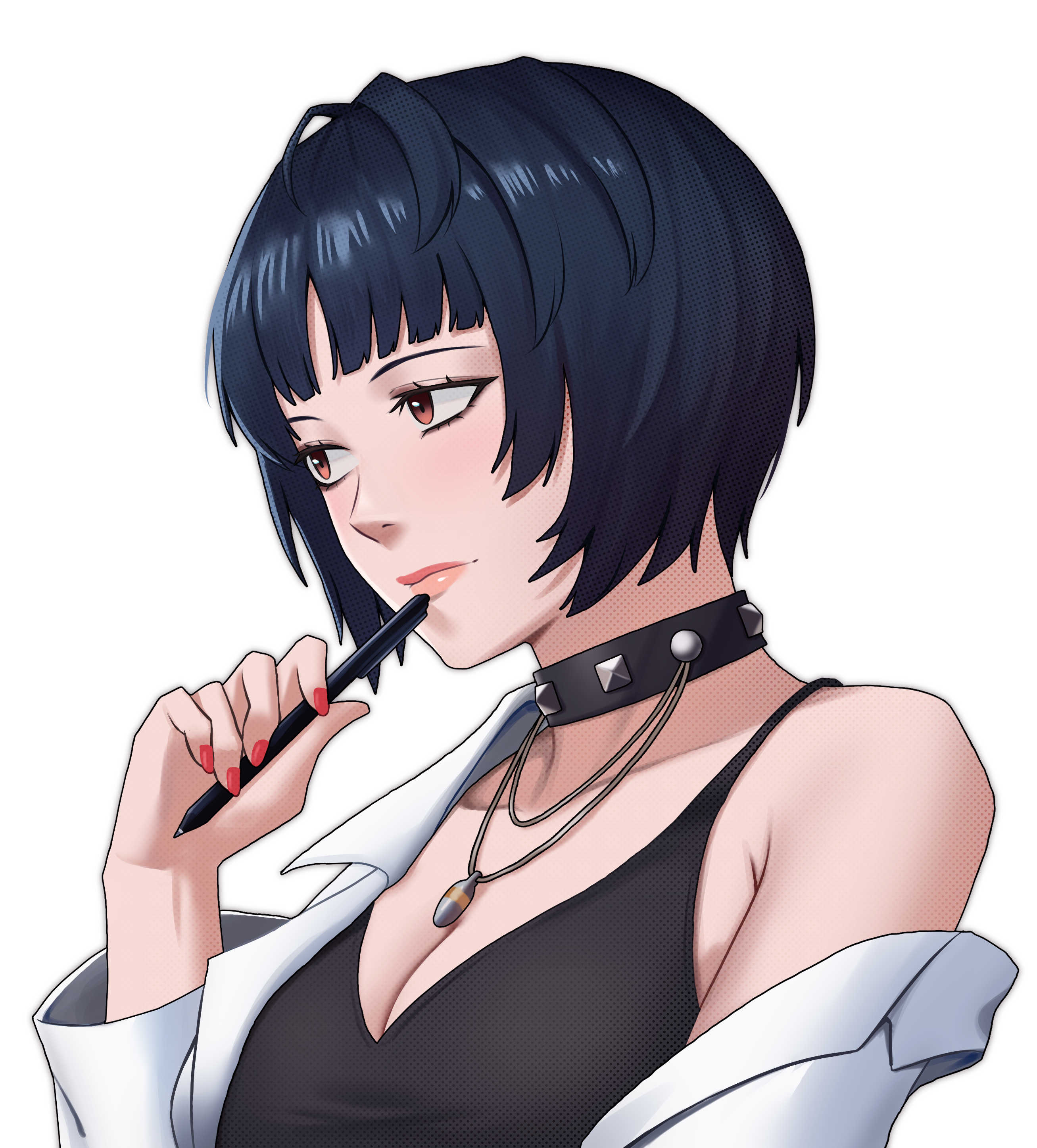 1girl absurdres armpit_crease black_choker black_dress blue_hair blunt_bangs breasts brown_eyes choker cleavage closed_mouth coat collarbone commentary dress highres holding holding_pen ikhwan_maulana jewelry lab_coat light_blush lips medium_breasts nail_polish necklace pen persona persona_5 pink_lips red_nails short_hair single_bare_shoulder solo studded_choker takemi_tae upper_body white_background white_coat