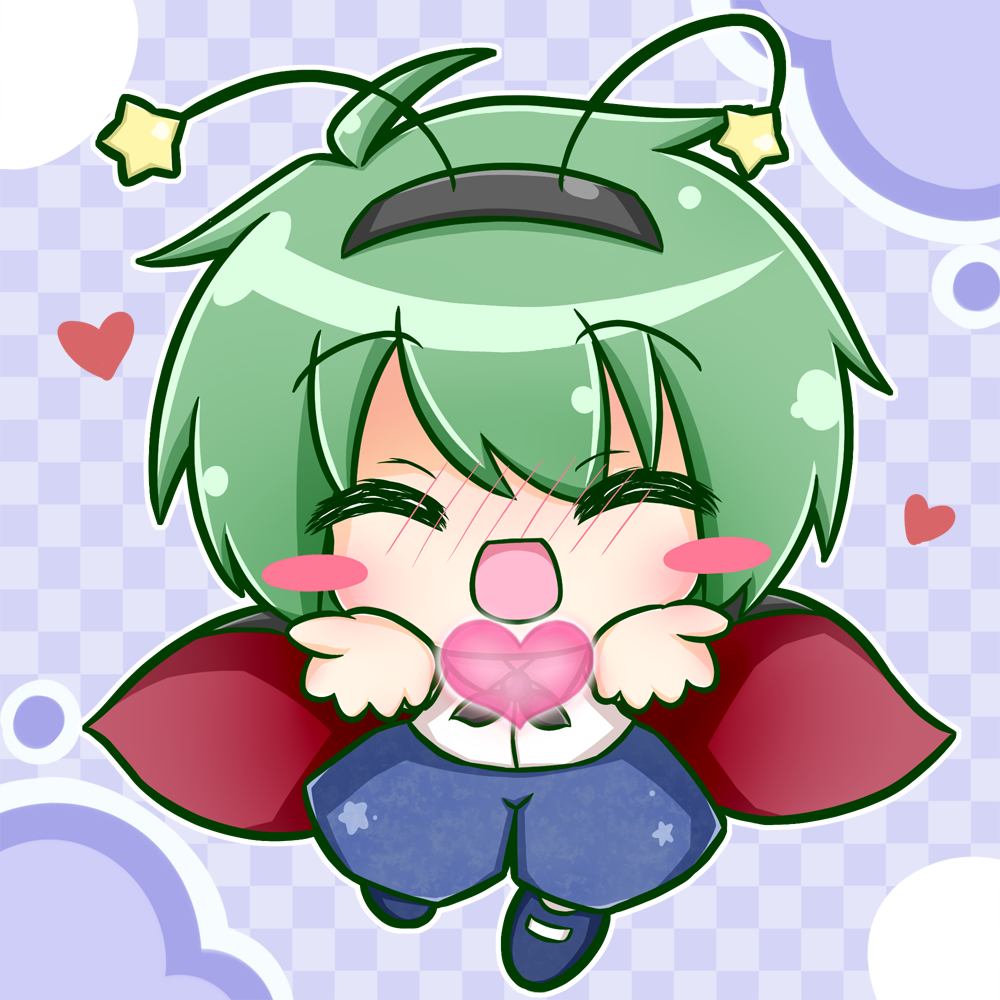 1girl ^_^ antennae blue_background blush cape chibi closed_eyes green_hair hairband heart open_mouth reaching reaching_towards_viewer ritateo short_hair smile touhou wriggle_nightbug