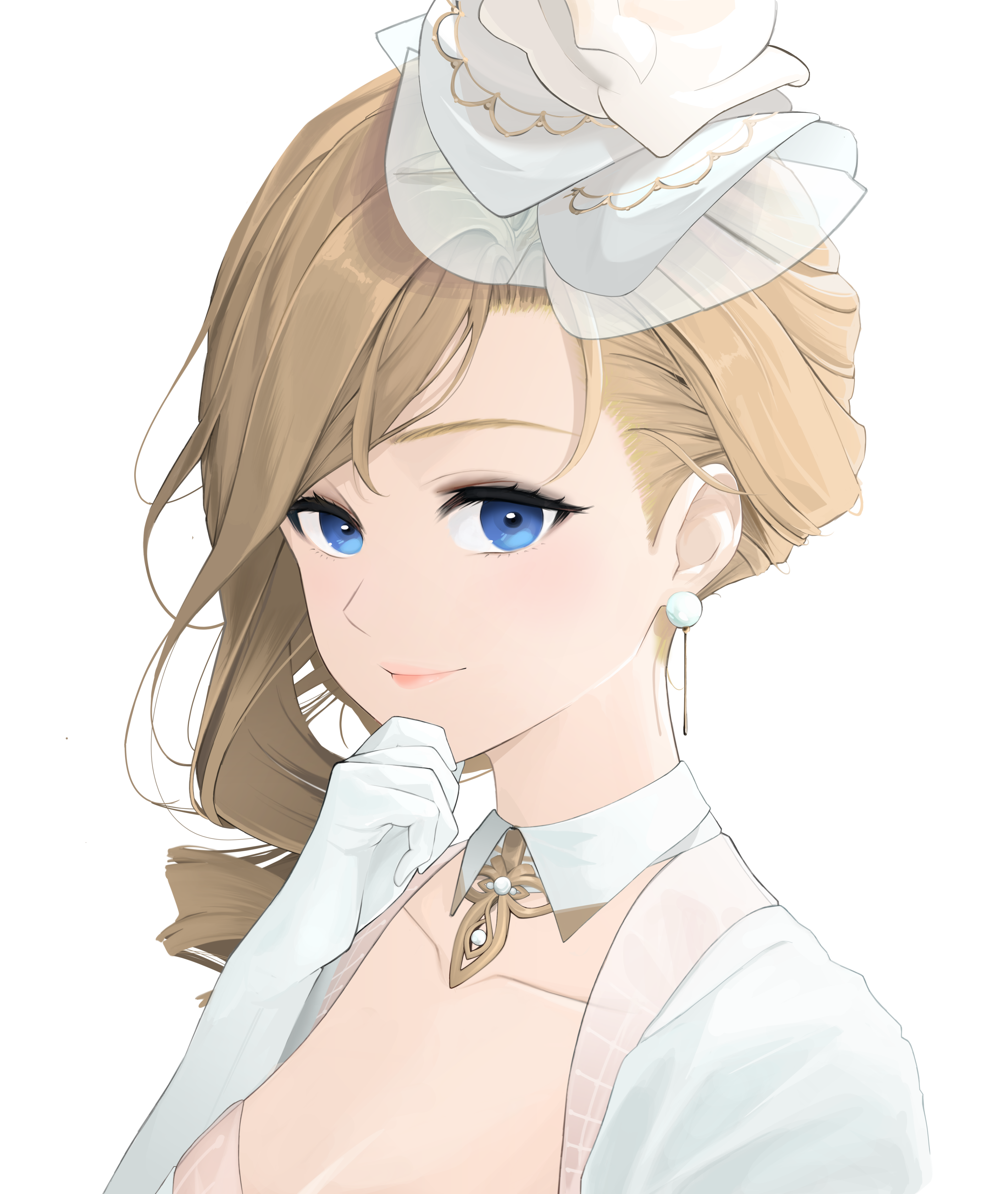 1girl absurdres asymmetrical_hair azur_lane blue_eyes brown_hair commentary earrings english_commentary flower from_side gloves hair_over_shoulder hand_on_own_chin highres hood_(azur_lane) hood_(dawnlight's_dame)_(azur_lane) jewelry long_hair looking_at_viewer official_alternate_costume pearl_earrings rose scarfpen01 simple_background solo upper_body white_background white_flower white_gloves white_rose
