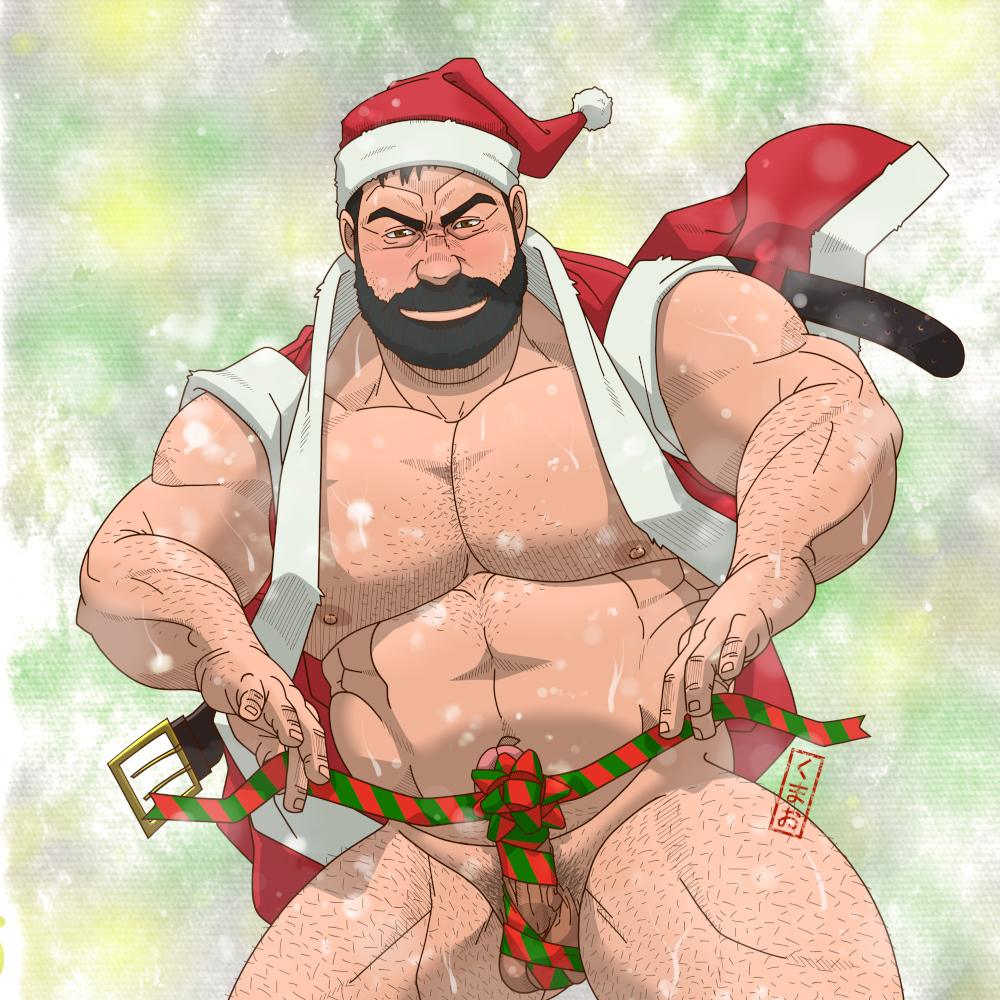 1boy bara bare_pectorals beard blush christmas connected_beard cowboy_shot erection facial_hair full_beard gift_wrapping hairy hat kumao-caffe large_pectorals looking_at_viewer male_focus mature_male muscular muscular_male mustache nipples old old_man original pectorals pubic_stubble red_hat robot_penis santa_costume santa_hat short_hair snowing solo sparse_arm_hair sparse_chest_hair sparse_navel_hair strongman_waist thick_beard thick_eyebrows thick_leg_hair thick_mustache thick_thighs thighs wrinkled_skin