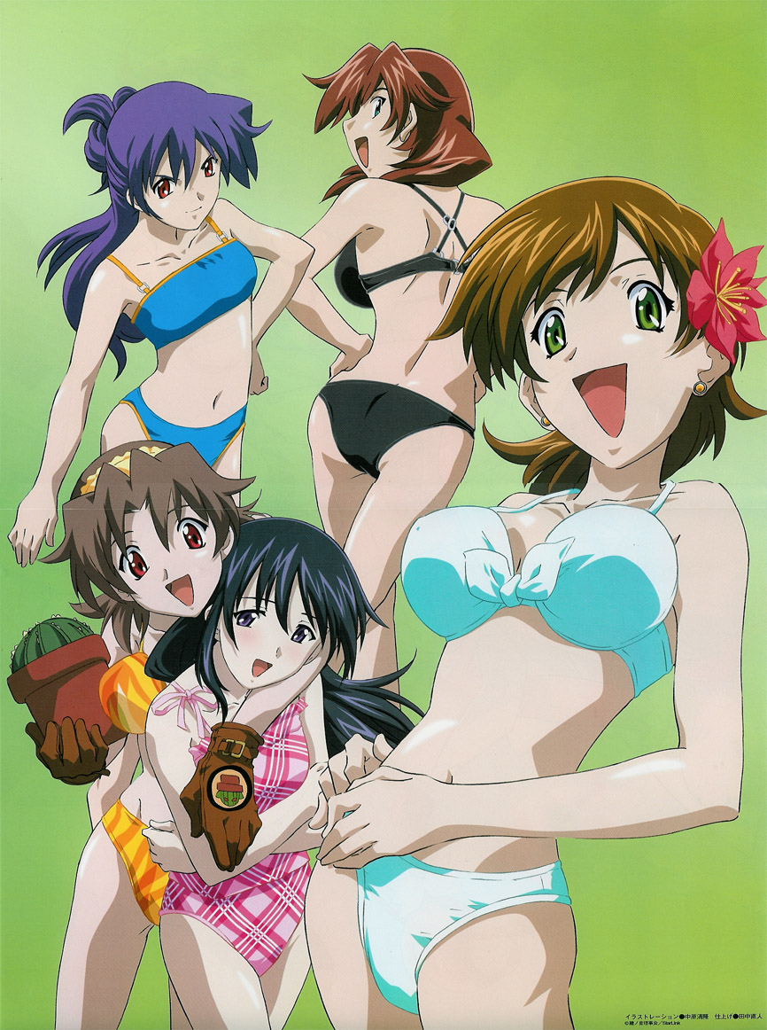 5girls bikini black_bikini black_hair blue_bikini blue_eyes brown_hair cactus chitose_midori flower flower_on_head gloves green_bikini green_eyes green_green hand_on_own_hip hands_on_own_hips kutsuki_futaba kutsuki_wakaba minami_sanae morimura_reika multiple_girls nakahara_kiyotaka one-piece_swimsuit orange_bikini purple_hair red_eyes red_hair smile swimsuit