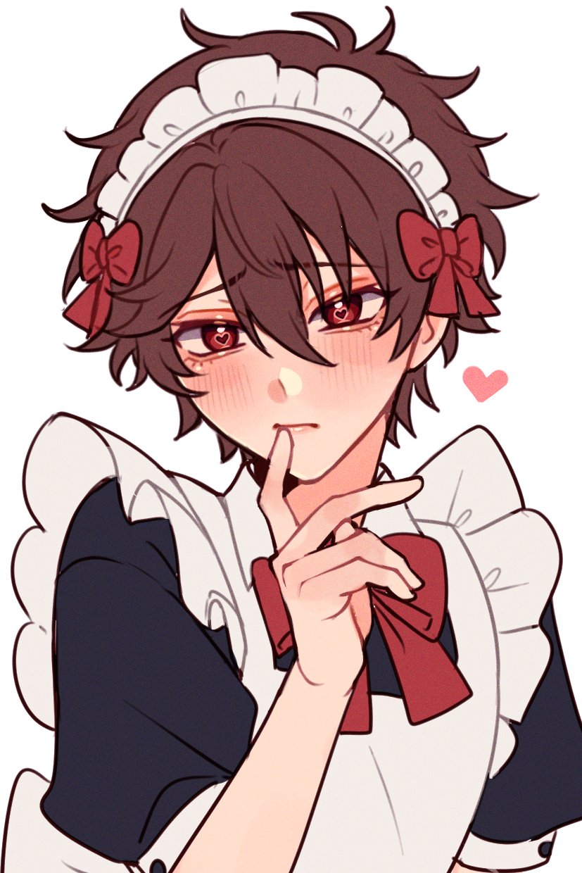 1boy apron blush bow brown_hair closed_mouth crossdressing crossdressing_(mtf) ensemble_stars! frilled_apron frills hair_between_eyes heart highres index_finger_raised looking_at_viewer maid_apron maid_headdress male_focus morisawa_chiaki neki_(nekiansu0918) red_bow red_eyes short_hair short_sleeves simple_background upper_body white_apron white_background