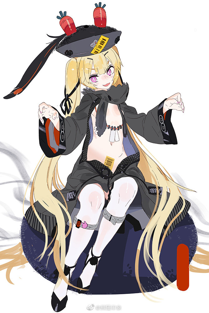 1girl :d animal_hood barcode black_hat black_hoodie black_ribbon black_shoes blonde_hair blush carrot_hat_ornament chinese_commentary commentary_request fingernails girls&#039;_frontline hair_ribbon hat hood hoodie jiangshi_costume long_hair looking_at_viewer navel open_clothes open_hoodie open_mouth outstretched_arms pandegg petite pink_nails purple_eyes rabbit_hood ribbon shin_strap shoes simple_background sitting sketch smile solo sr-3mp_(girls&#039;_frontline) thighhighs twintails unfinished v-shaped_eyebrows very_long_hair watermark weibo_watermark white_background white_thighhighs wide_sleeves zombie_pose