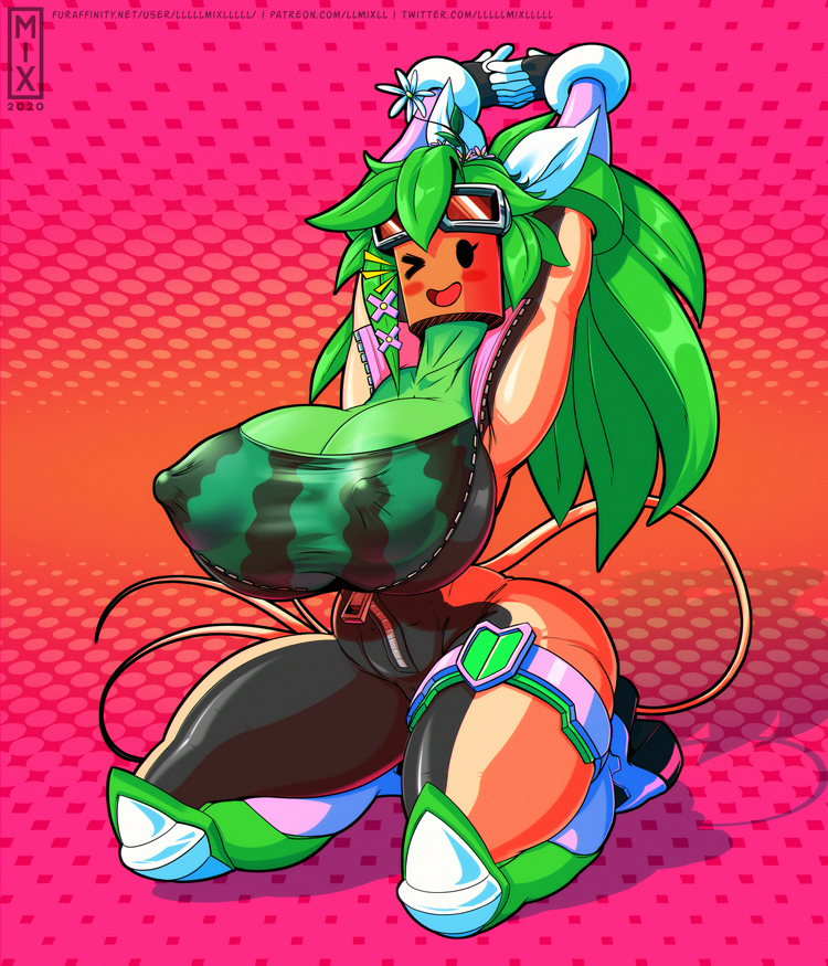 1girl arms_up blaster_master_zero blaster_master_zero_2 blush breasts cleavage collarbone colored_skin covered_erect_nipples flower green_skin huge_breasts kanna_(blaster_master_zero) kneeling llmixll looking_at_viewer monster_girl plant_girl solo tail thick_thighs thighs wings zipper